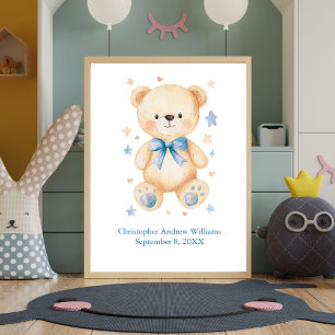Poster Estatísticas de Nascimento Urso de Pelúcia Laço Az