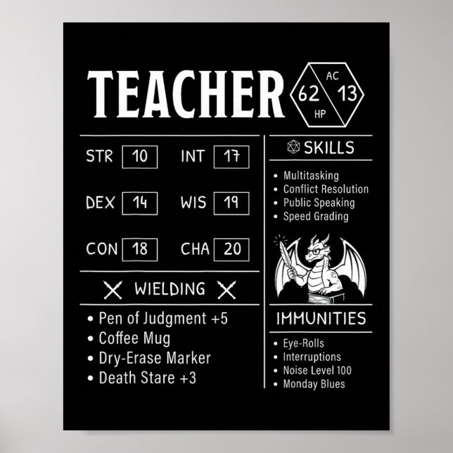 Poster Estatísticas de RPG de Professor Engraçado Humor (Frente)
