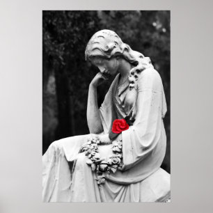 Pôster Estátua B&W do cemitério com rosa da cor