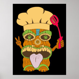 Poster Estátua Chef Tiki com Espátula, Preto Engraçado