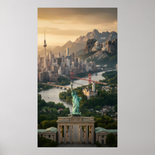 Poster Estátua da Liberdade e Fantasia de Marcos Globais 