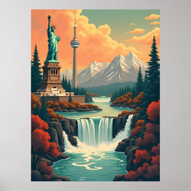 Poster Estátua da Liberdade e Paisagem da Torre CN (Frente)