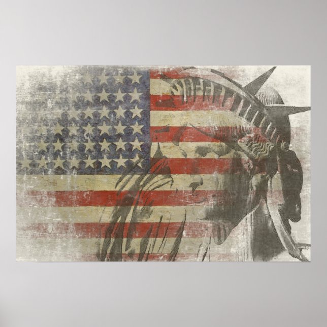 Poster Estátua da Liberdade na Bandeira Americana Vintage (Frente)