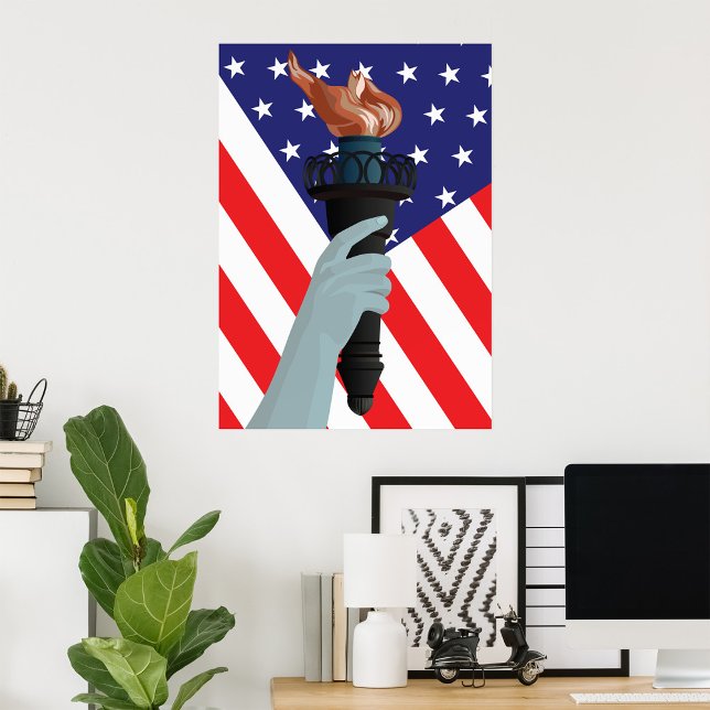 Poster Estátua da Tocha da Liberdade com Bandeira America (Criador carregado)