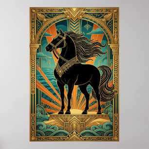 Poster Estátua de Cavalo Preto Art Deco Explosão Solar Az