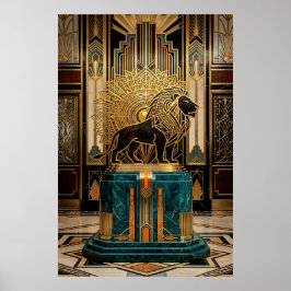 Poster Estátua de Leão Art Déco Real com Folha de Ouro