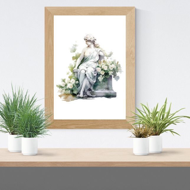 Poster Estátua feminina no jardim de aquarela branca Flor (Female Goddess Statue in Garden White Floral Watercolor Print)