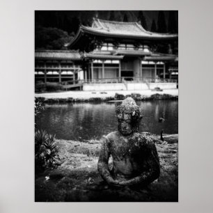 Poster Estátua na frente do templo budista, Oahu B&W