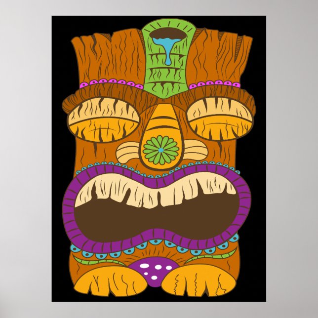 Poster Estátua Tiki de Madeira com Boca Aberta, Preto Eng (Frente)