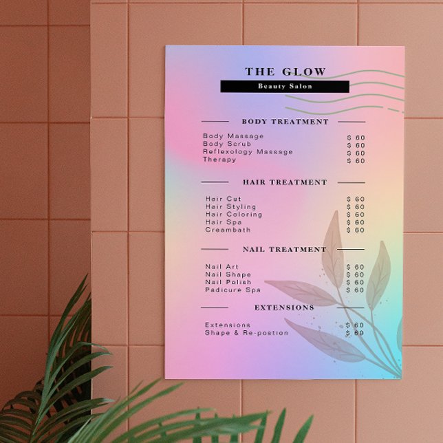 Poster Estética Lista de Preços Holográfica Rosa Iridesce (Esthetician Price List Pink Holographic Iridescent Poster)