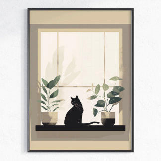 Poster Estética Minimalista de Gato Preto Neutro