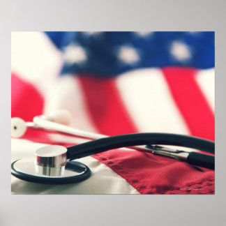 Pôster Estetoscópio médico com bandeira americana