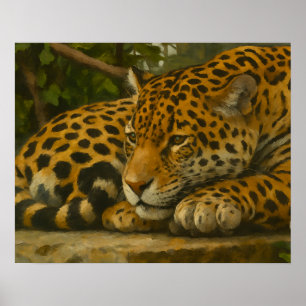 Poster Estilidade do ouro - Leopardo em repouso na folhag