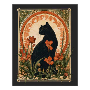 Pôster Estilo Alphonse Mucha Arte Nova Gato Preto