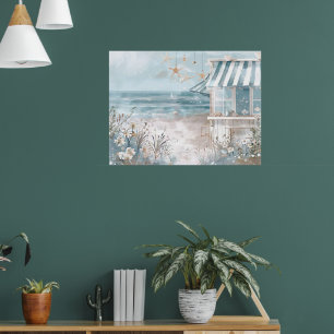 Poster estilo aquoso de ilustração de paisagem de praia f