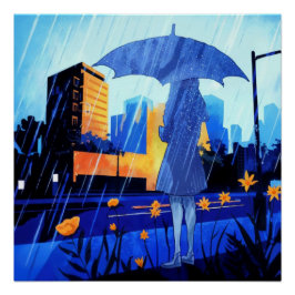 Pôster Estilo de Animação Rainy Day Girl Poster Wall Art