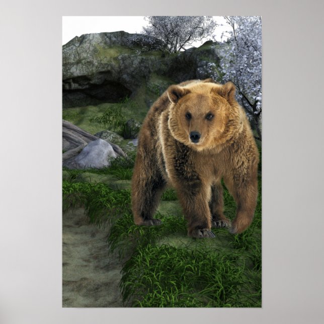 Poster Estilo de Cabina de Madeira de Urso Grizzly (Frente)