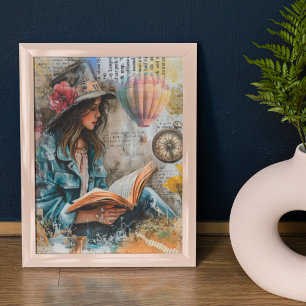 Poster Estilo de Colagem de Leitura de Rapariga