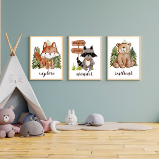 Poster Estilo de Cores d'Água Cuta Fox e Árvores Nome do
