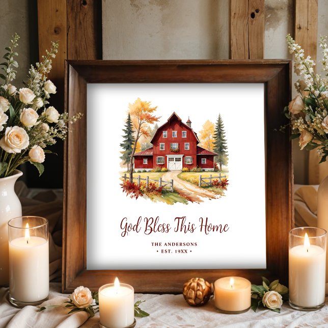 Poster Estilo de fazenda Clássico do Red Rustic Barn (Exquisite Red Rustic Barn Classic Farmhouse Style Square Posters with Personalized Family Name.)