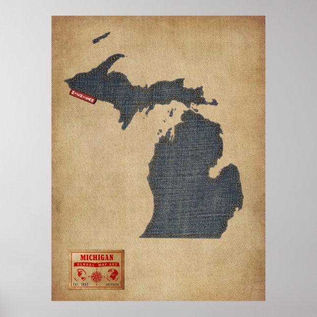 Pôster Estilo de Jeans Denim do Mapa do Michigan (Frente)
