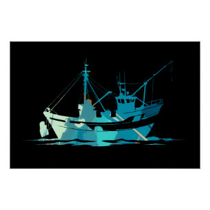 Pôster Estilo de silhueta de ilustração da pesca de barco