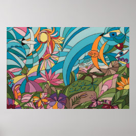 Pôster Estilo de vidro colorido do mundo tropical