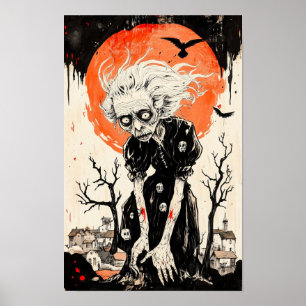 Poster Estilo de Woodblock de bruxas bruxas do Halloween