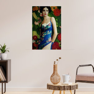 Poster Estilo Deco Elegante Mulher com Flores Grandes
