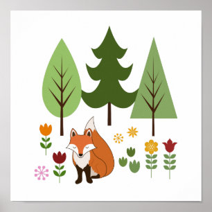 Poster Estilo escandinavo Fox Flowers Trees Ilustração