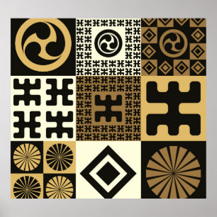 Poster estilo japonês, padrões sem costura de ouro preto.