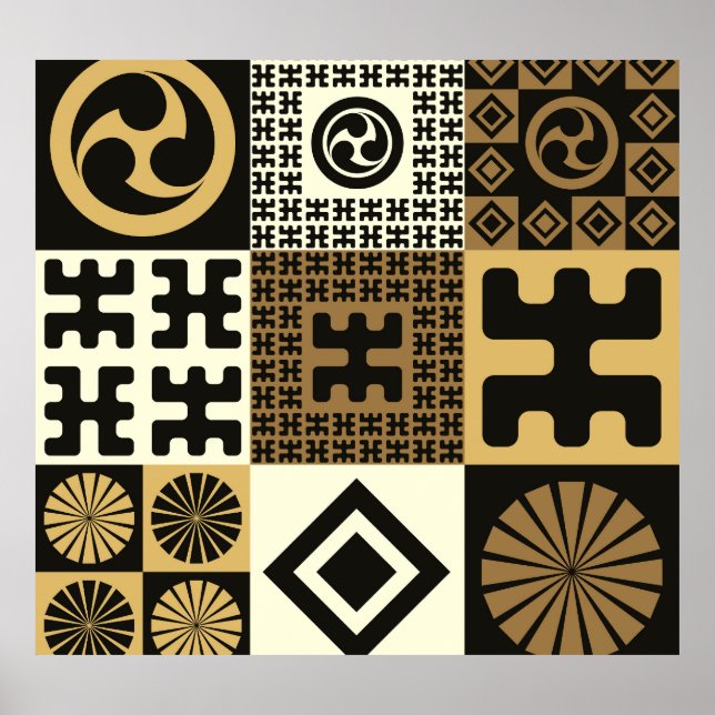 Poster estilo japonês, padrões sem costura de ouro preto. (Frente)