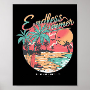Poster Estilo Retro Vintage Pôr do Sol Palmeira Onda Surf