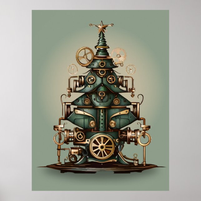 Poster Estilo Retroativo da Árvore de Natal Steampunk (Frente)