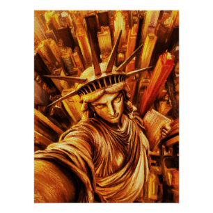 Pôster Estilo Selfie da Estátua da Liberdade Pintura a Ól