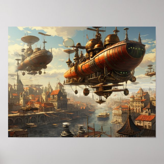 Poster Estilo Steampunk: Aeronaves e Zeppelins (Frente)