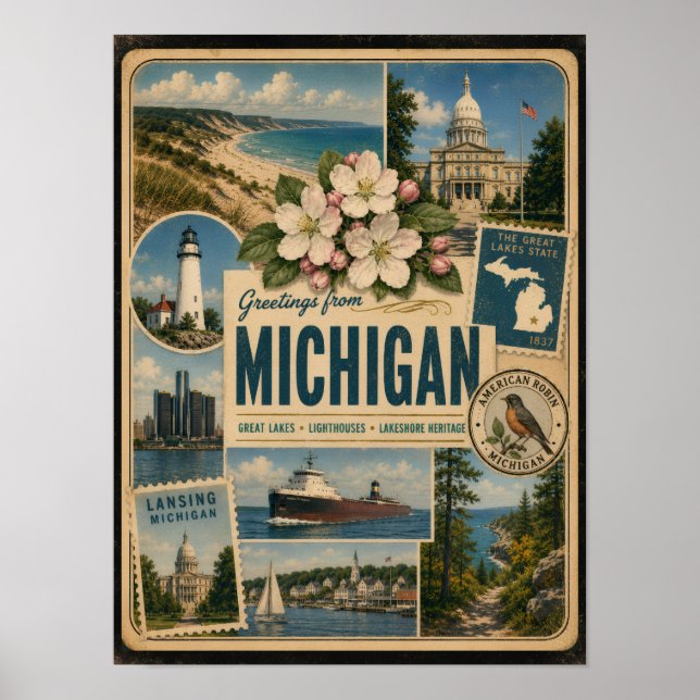 Poster Estilo Vintage Autêntico de Michigan (Frente)
