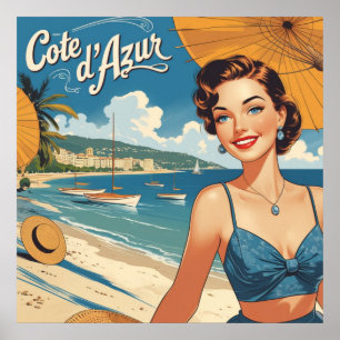 Poster Estilo Vintage Cote D'Azur Beach Girl