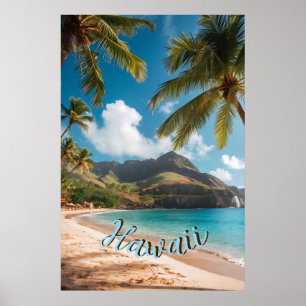 Poster Estilo Vintage Havaiano Viagem Costa Mar Pôr-do-So