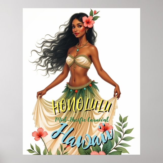 Poster Estilo Vintage Viagem Honolulu Hula Girl Havaiana (Frente)