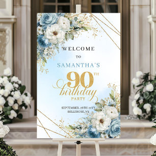 Poster Estiloso Aniversário de 90 anos em aquarela azul d