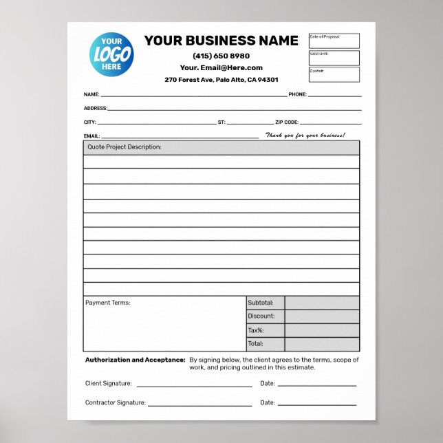 Poster Estimate Quote Job Proposal Forms Downloadable (Frente)