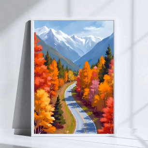 Poster Estrada de Outono Aquarela da Natureza com Folha