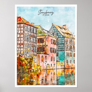 Poster Estrasburgo França aquarela de viagem vintage