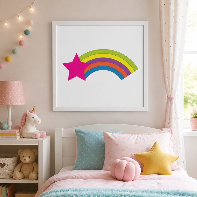 Poster Estrela Rosa Neon e Caprichoso Arco-íris Colorido  (A poster with a pink star and rainbow)
