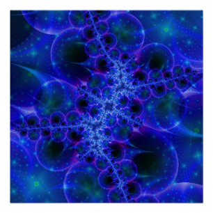 Pôster Estrelas Brilhantes   Arte Fractal Azul e Branca