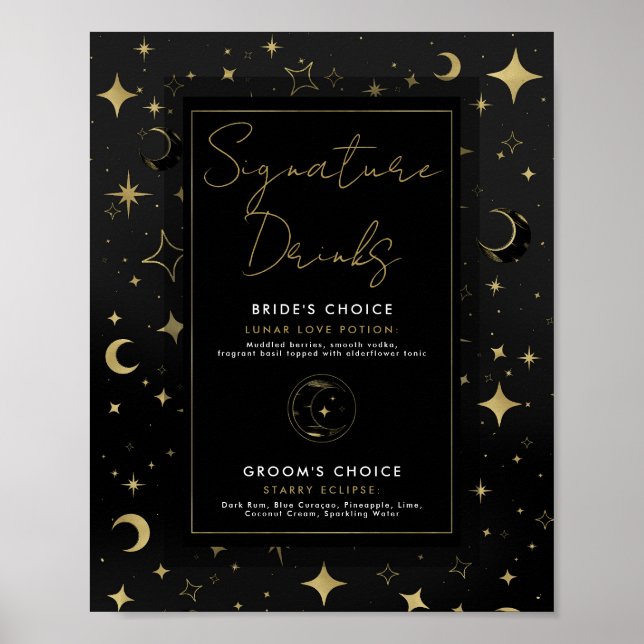 Poster Estrelas de Lua Celestiais Pretas e Douradas Bebid (Frente)