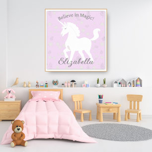 Poster Estrelas de Unicórnio Rosa Suave Nome de Crianças