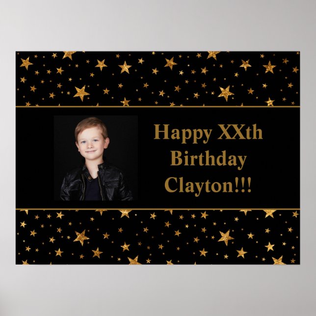 Poster Estrelas Douradas com Foto de Mensagem no Aniversá (Frente)