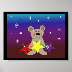 Pôster Estrelas e flocos de neve com Urso Pequeno